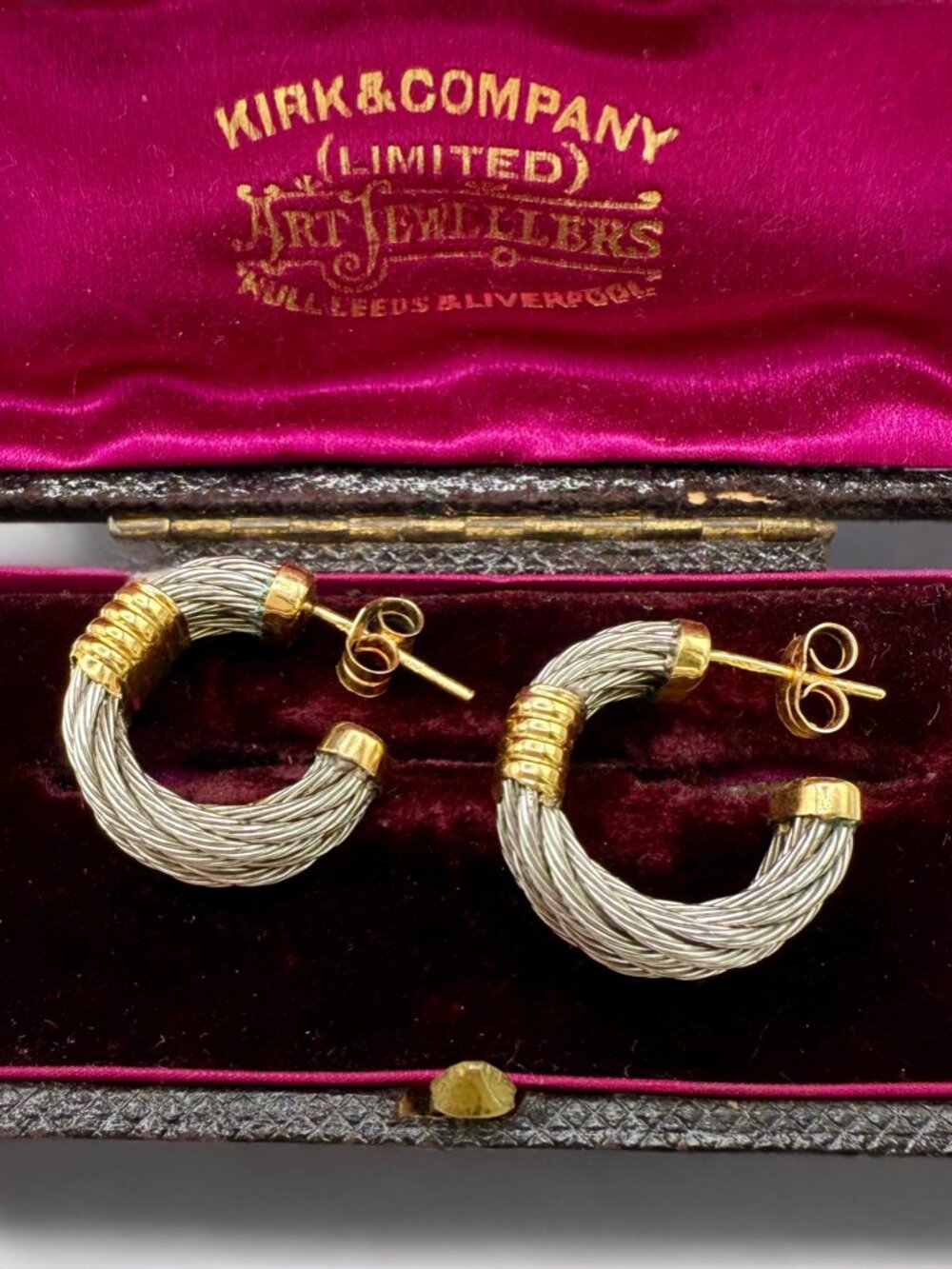 Vintage Solid 18k Yellow Gold Stainless Steel Cable Hoop Earrings